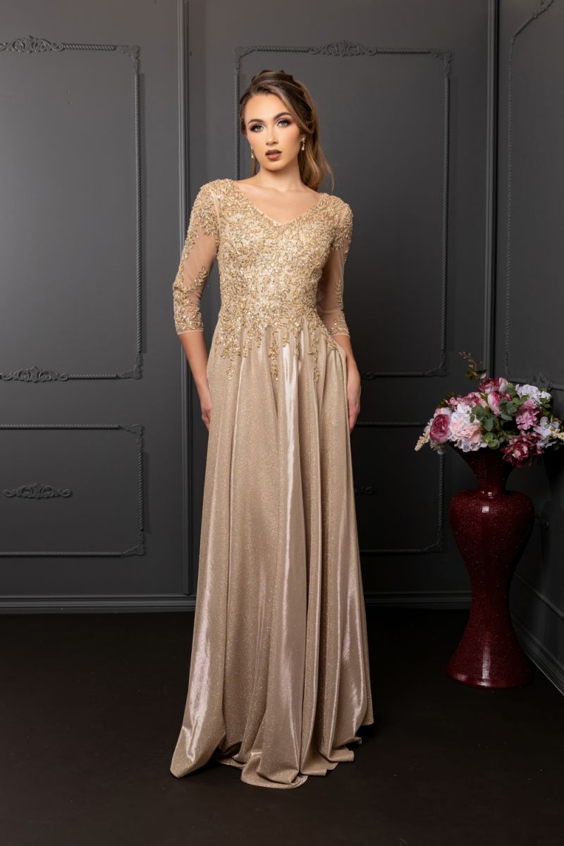 V-Neck Floor-Length Mesh Evening Gown A-Line May Queen MQ2227