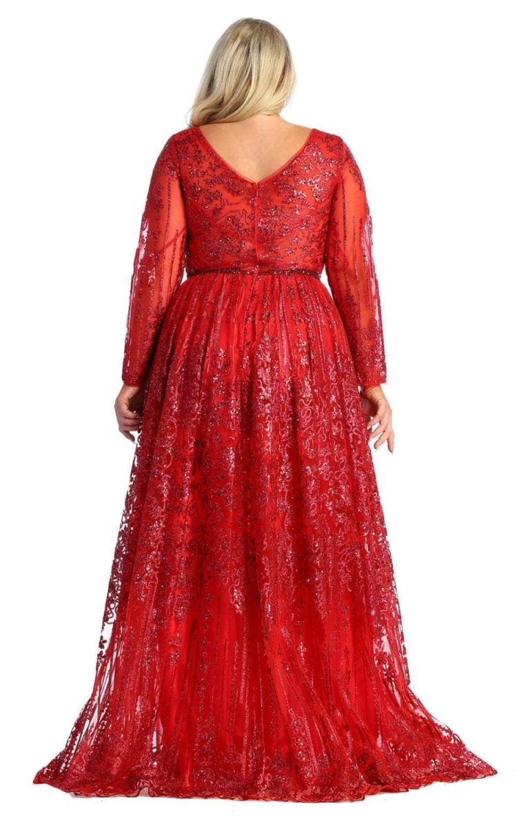 V-Neck Floor-Length Lace Evening Gown A-Line May Queen RQ7920