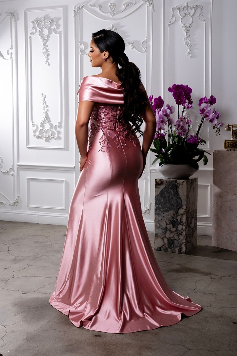 Off-the-Shoulder Floor-Length Satin Formal Dress Sheath May Queen 2174