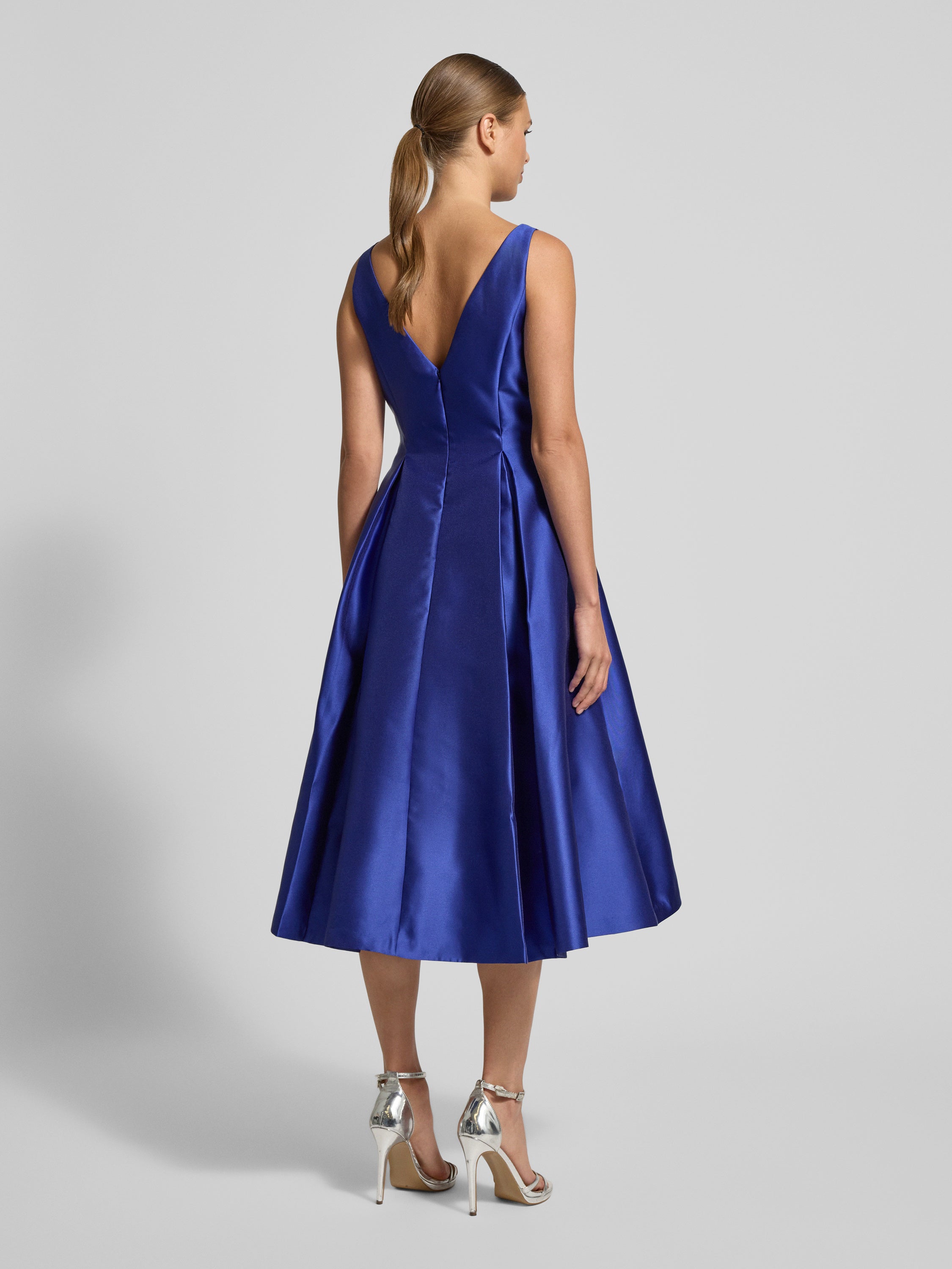 Bateau Midi Length Satin Twill Wedding Guest Dress with Pleated A Line Skirt and Pockets Adrianna Papell 41899070