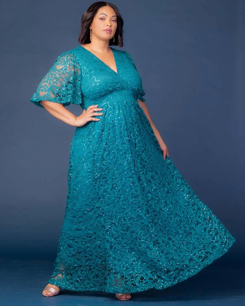 Plus Size Dresses Sequin Lace Long Formal Plus Size Dress Kiyona 13242507 Teal Topaz