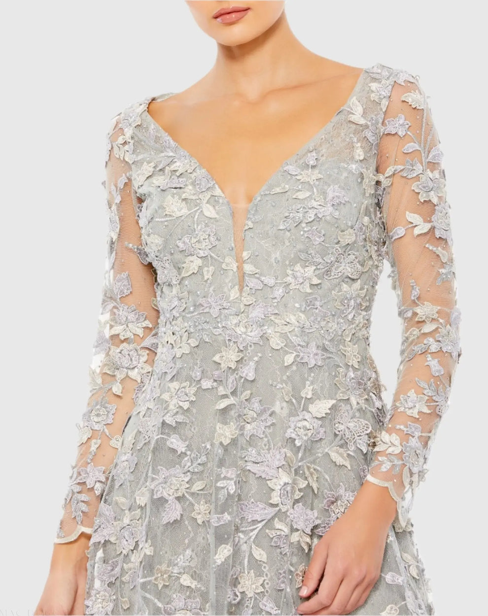 Mother of the Bride Dresses Floral Applique Long Sleeve Formal Mother of the Bride Dress Mac Duggal 70224 Platinum