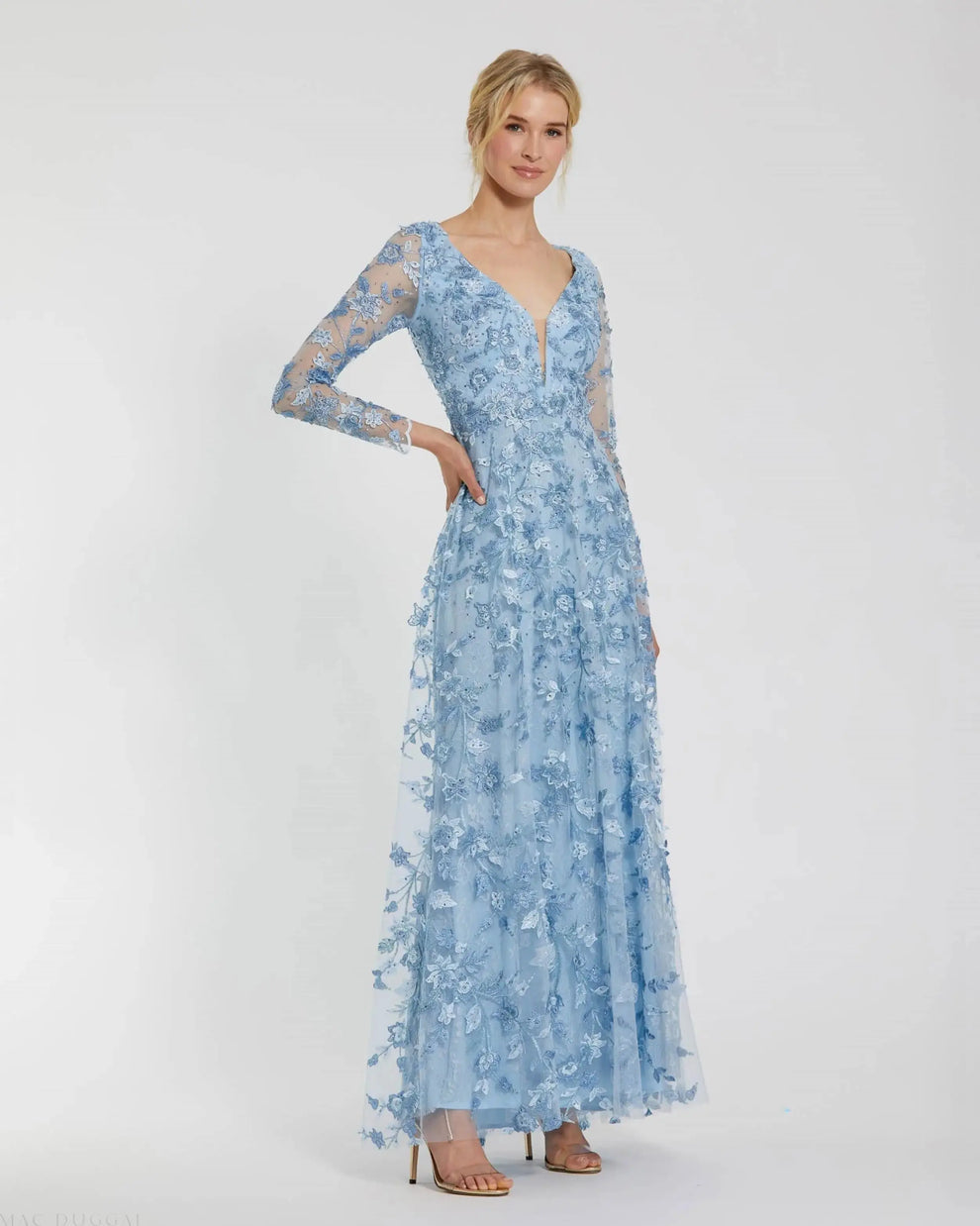 Mother of the Bride Dresses Floral Applique Long Sleeve Formal Mother of the Bride Dress Mac Duggal 70224 Powder Blue