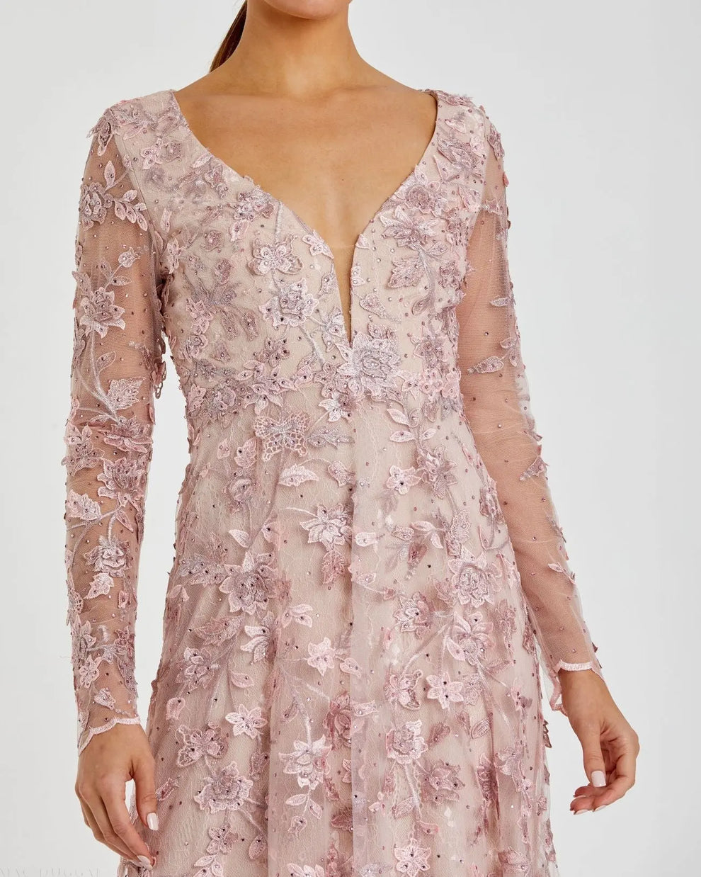 Mother of the Bride Dresses Floral Applique Long Sleeve Formal Mother of the Bride Dress Mac Duggal 70224 Rose Pink