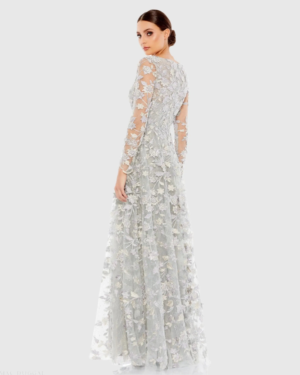 Mother of the Bride Dresses Floral Applique Long Sleeve Formal Mother of the Bride Dress Mac Duggal 70224 Platinum