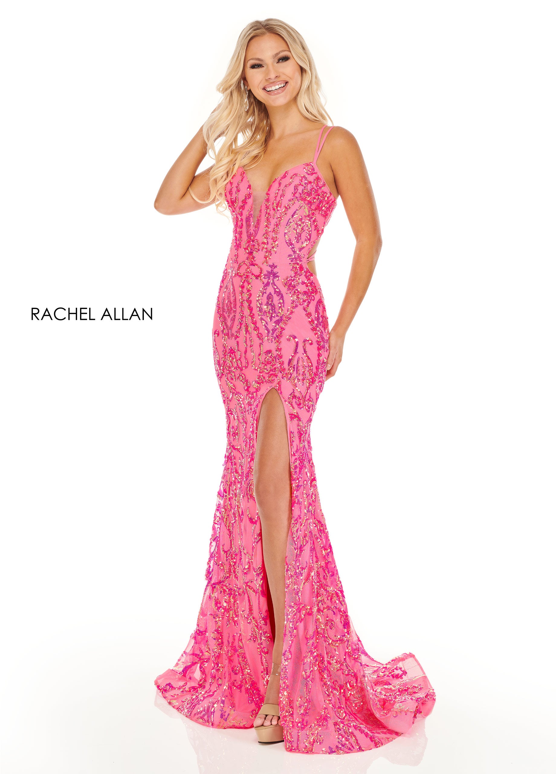 Prom Dresses Fitted Sequins Long Prom Dress Neon Pink
