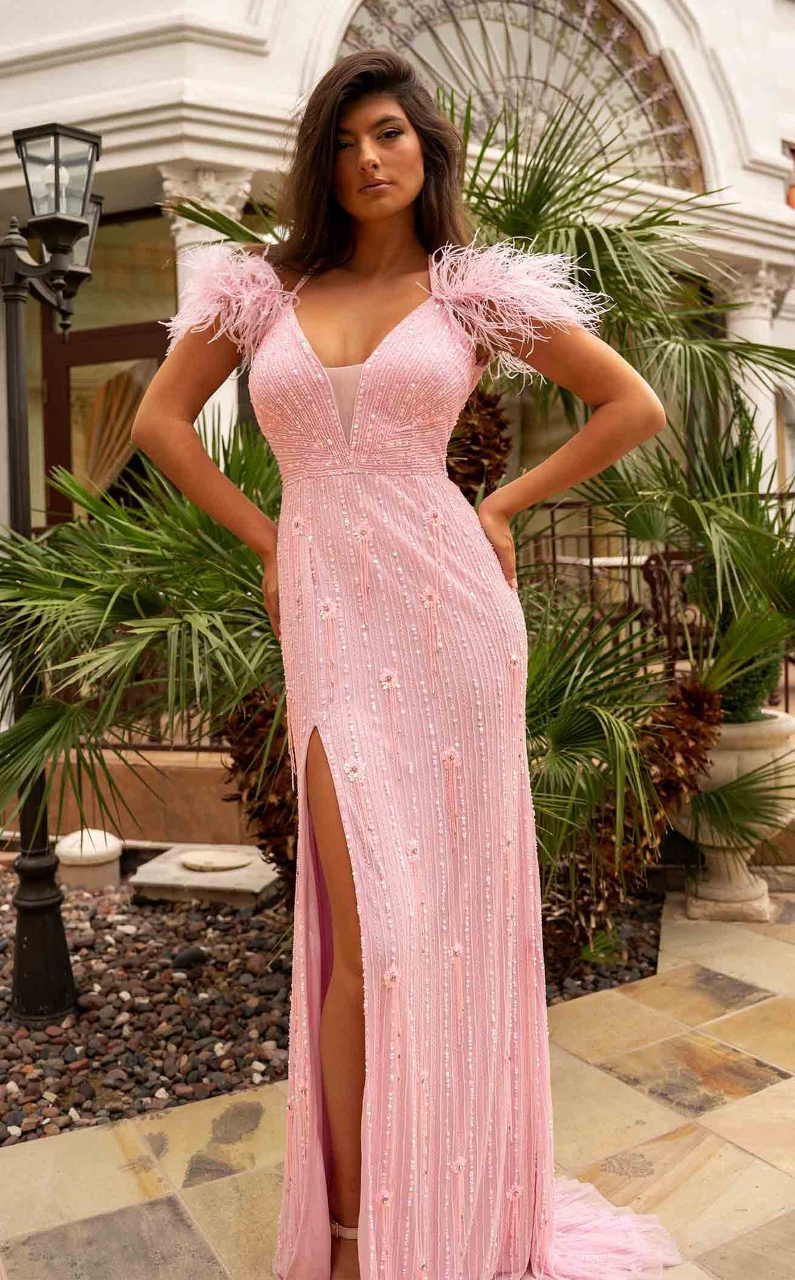 Prom Dresses Long Formal Glitter Beaded Slit Prom Dress Rachel Allan 70295 Light Pink