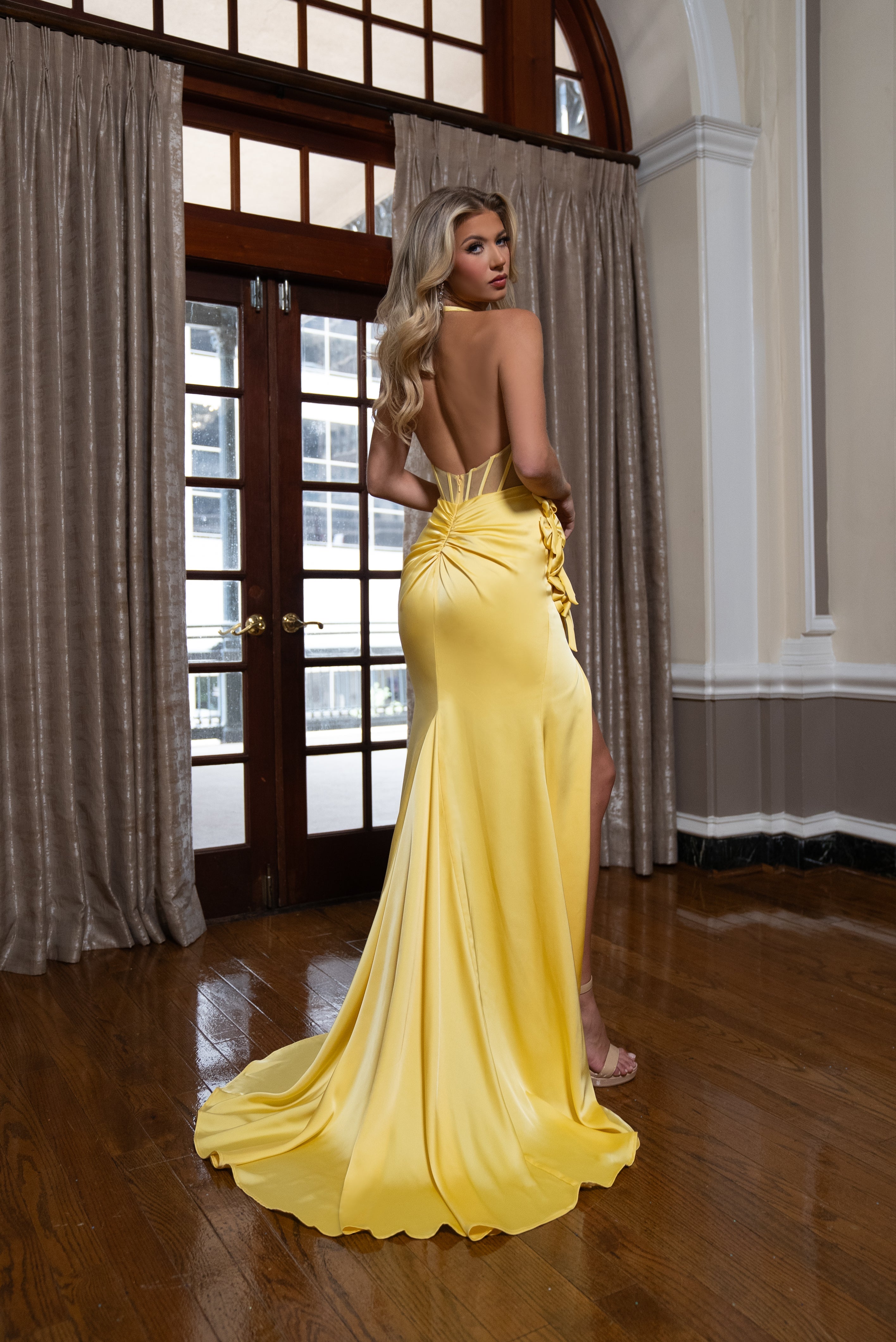 Prom Dresses Long Floral Fitted High Slit Formal Prom Dress Yellow