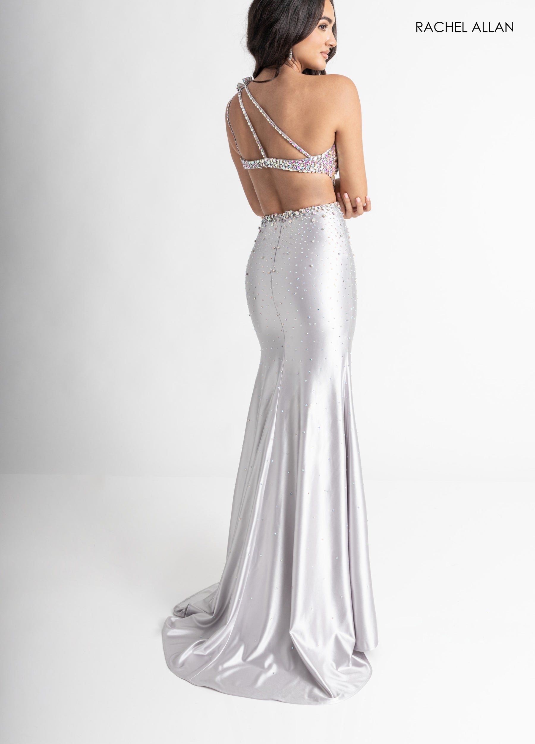 Prom Dresses Beaded Fitted Slit Long Prom Dress Silver