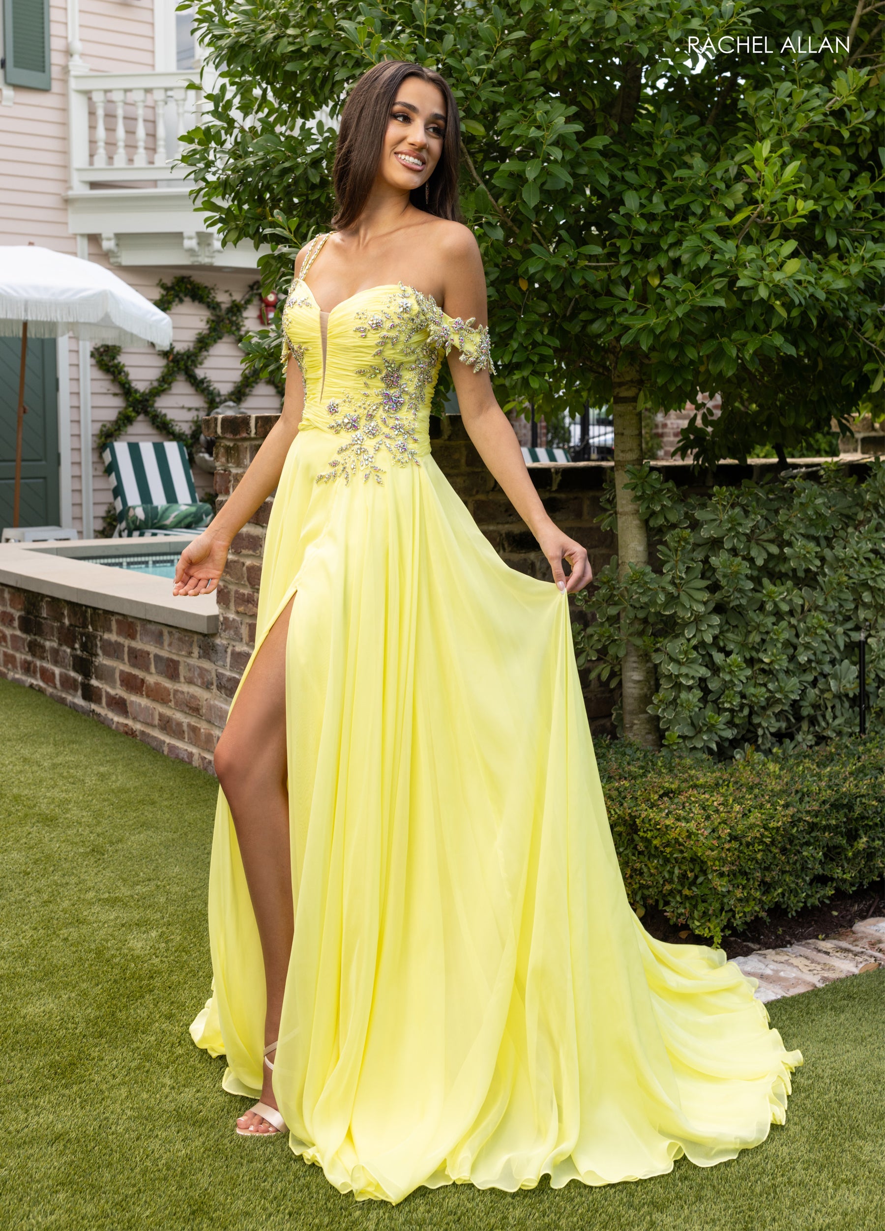 Prom Dresses Long A Line Prom Beaded Slit Dress Yellow