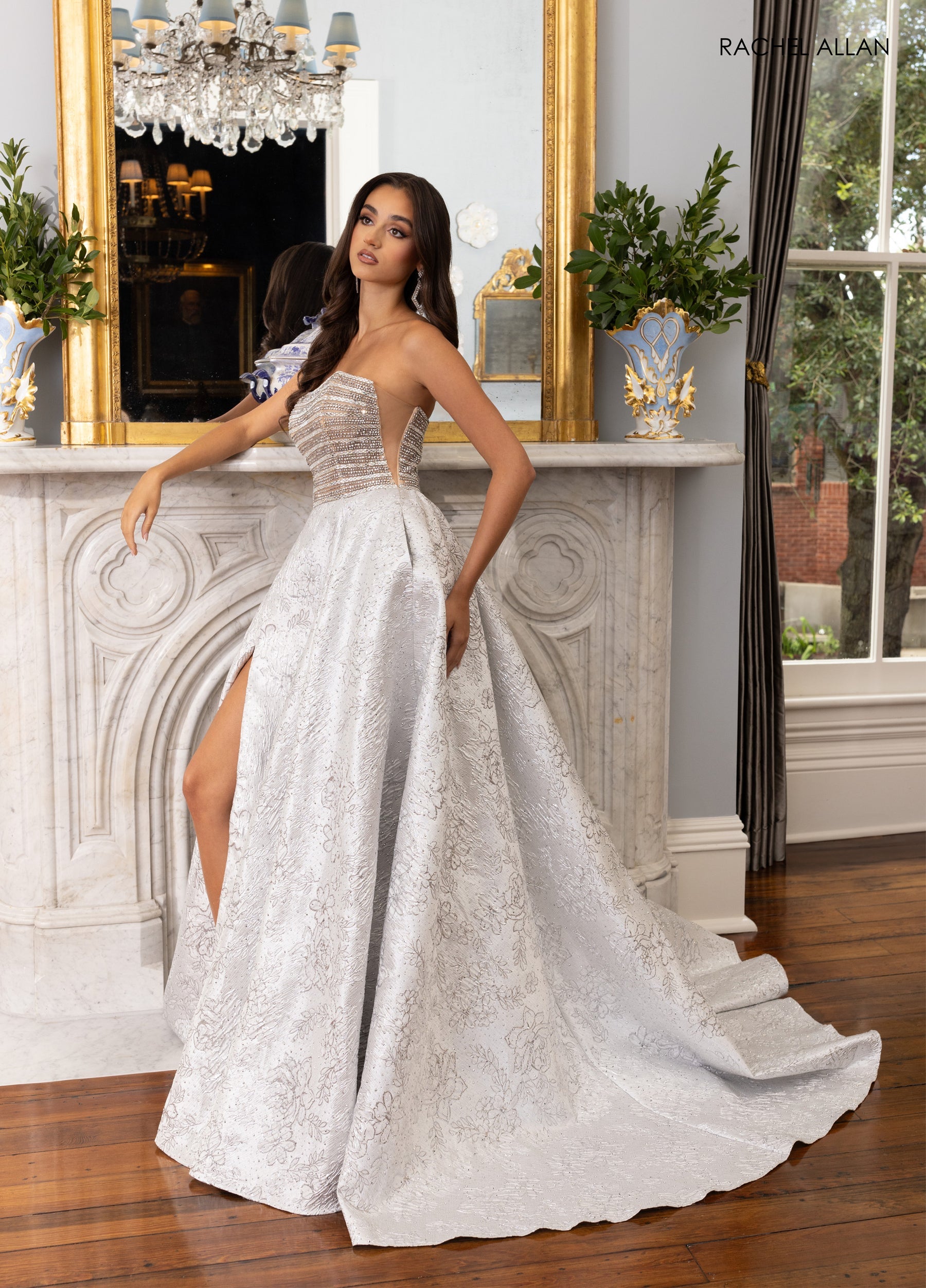 Prom Dresses Long Formal Beaded Corset Ball Gown Silver Nude