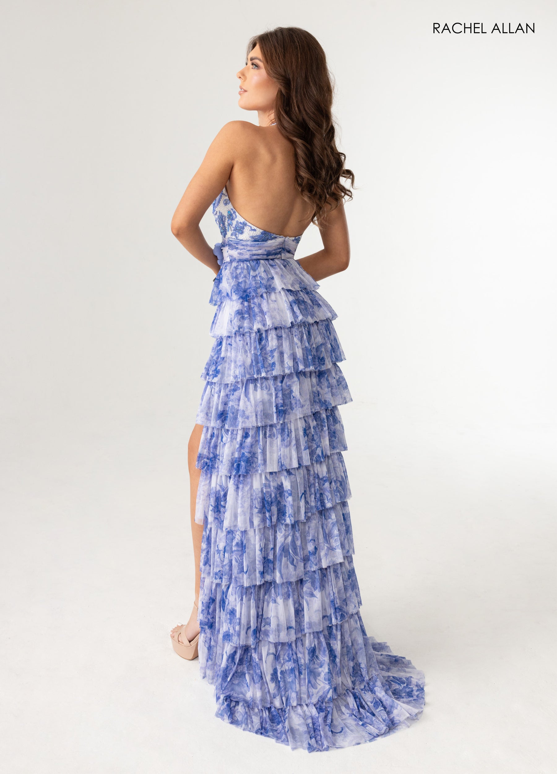 Prom Dresses Floral Print Long Ruffle Prom Dress Blue White