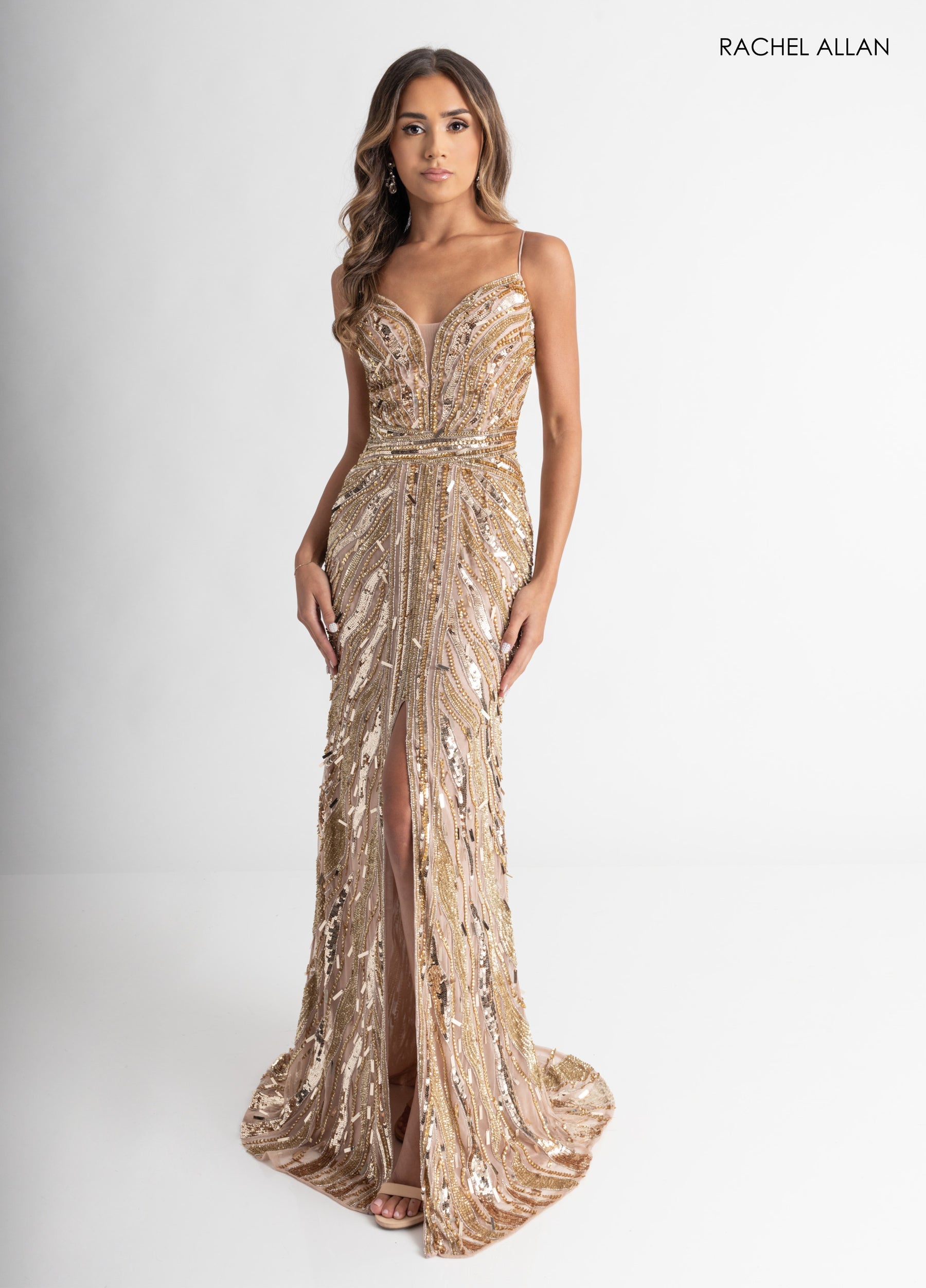 Prom Dresses Long Fitted Sequin Slit Prom Dress Nude Gold