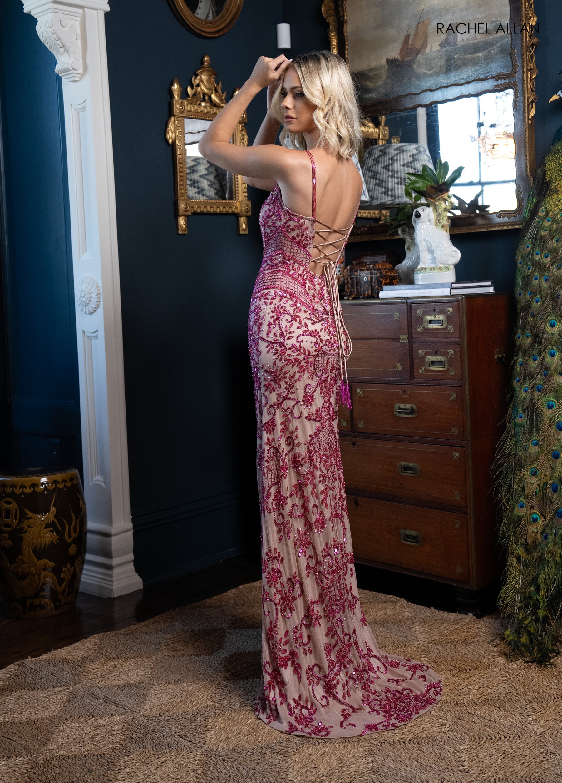 Prom Dresses Fitted Long Evening Prom Corset Dress Nude Hot Pink