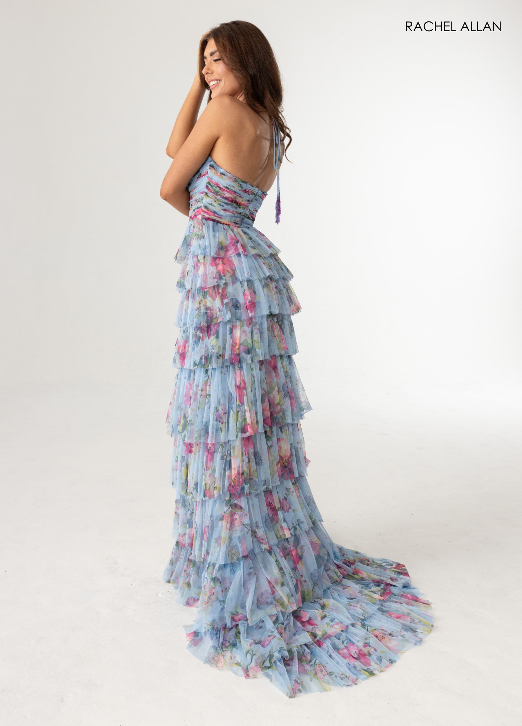 Prom Dresses High Low Prom Ruffle Floral Print Dress Blue Multi