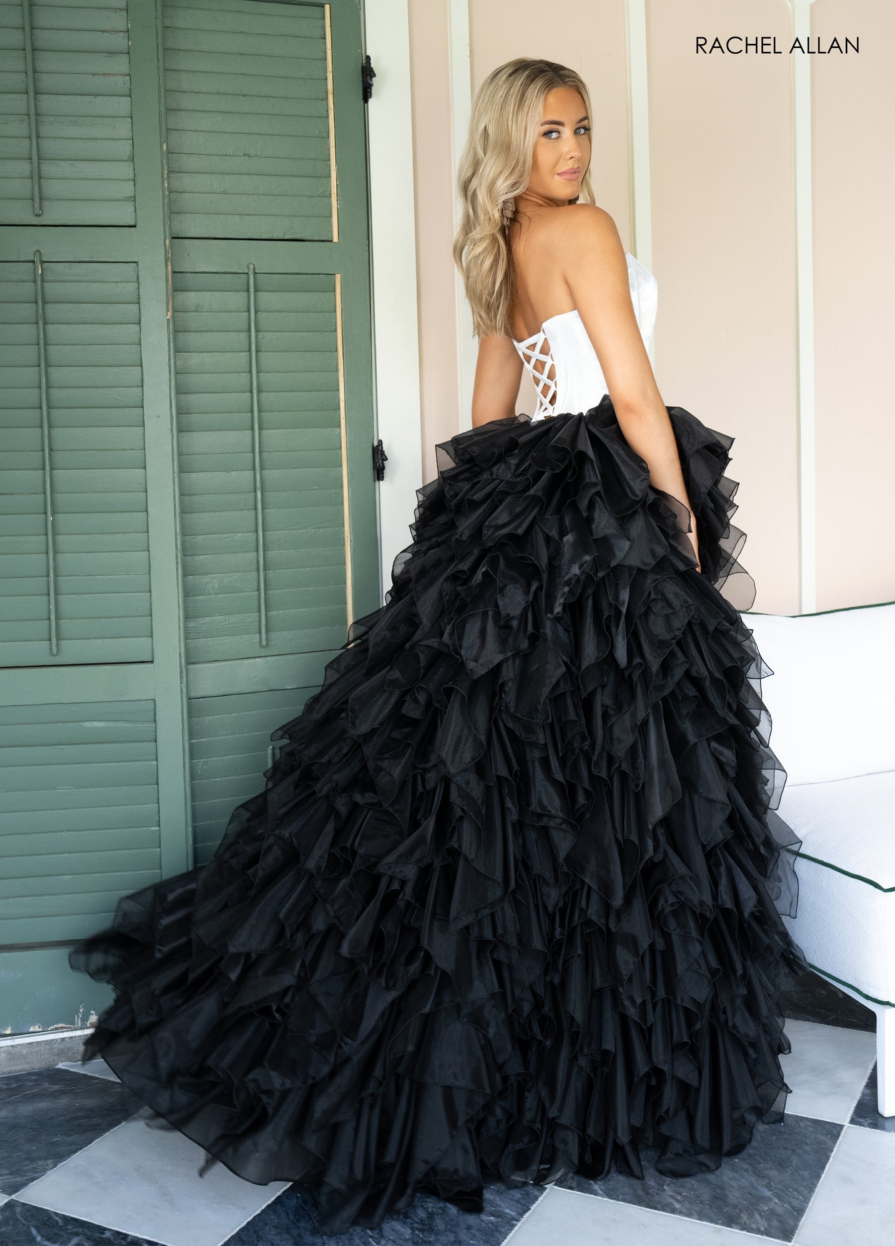 Prom Dresses Long Beaded Corset Ruffle Prom Dress White Black