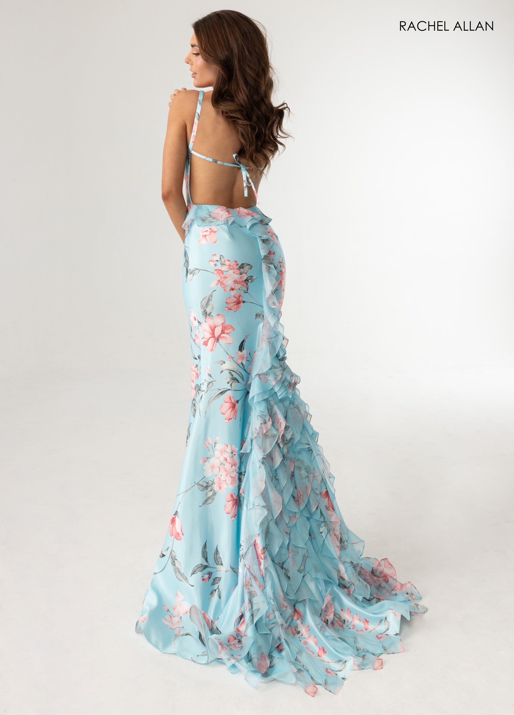 Prom Dresses Long Floral Print Ruffle Prom Dress Sky Blue Multi
