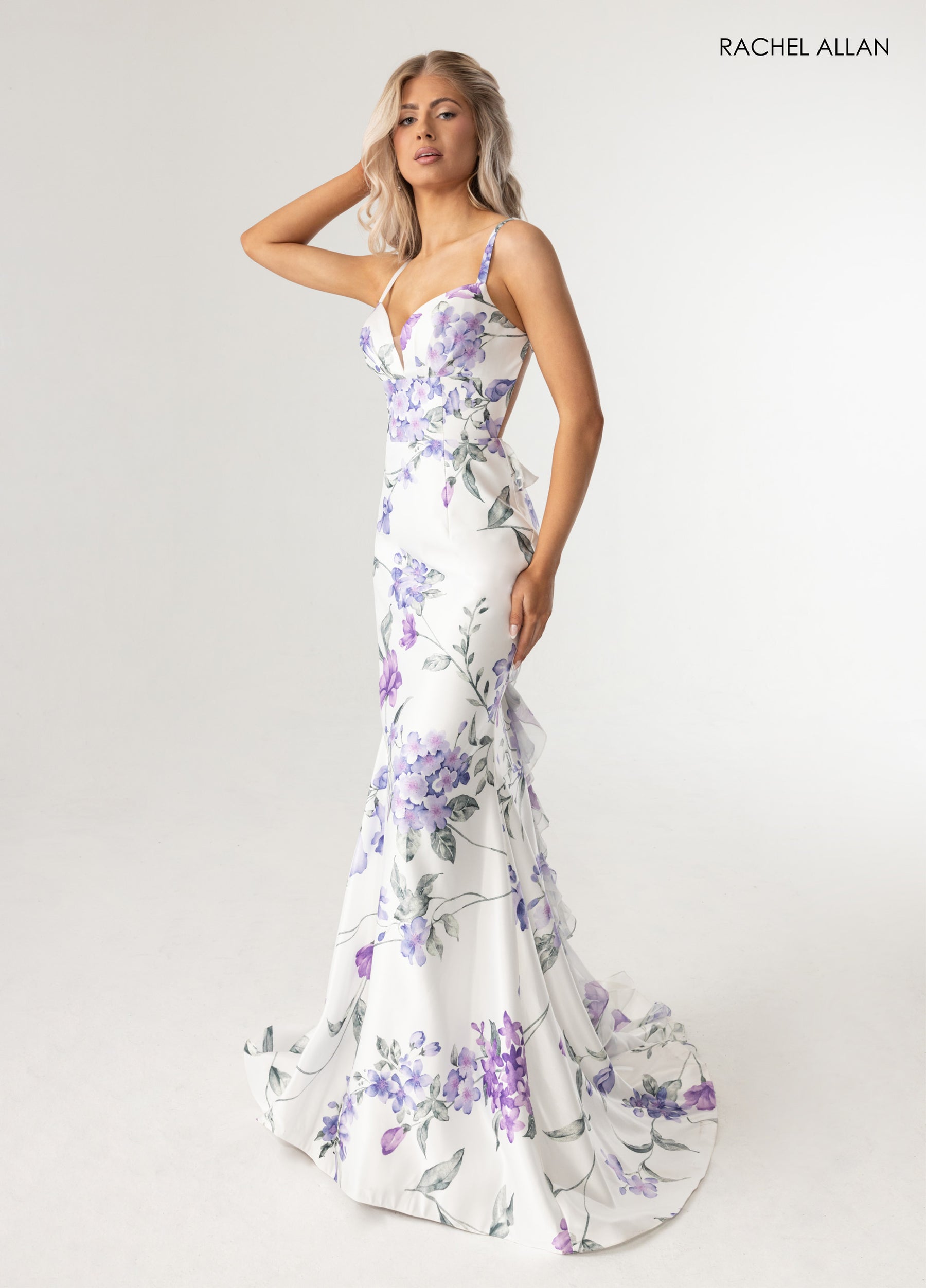 Prom Dresses Long Floral Print Ruffle Prom Dress White Multi