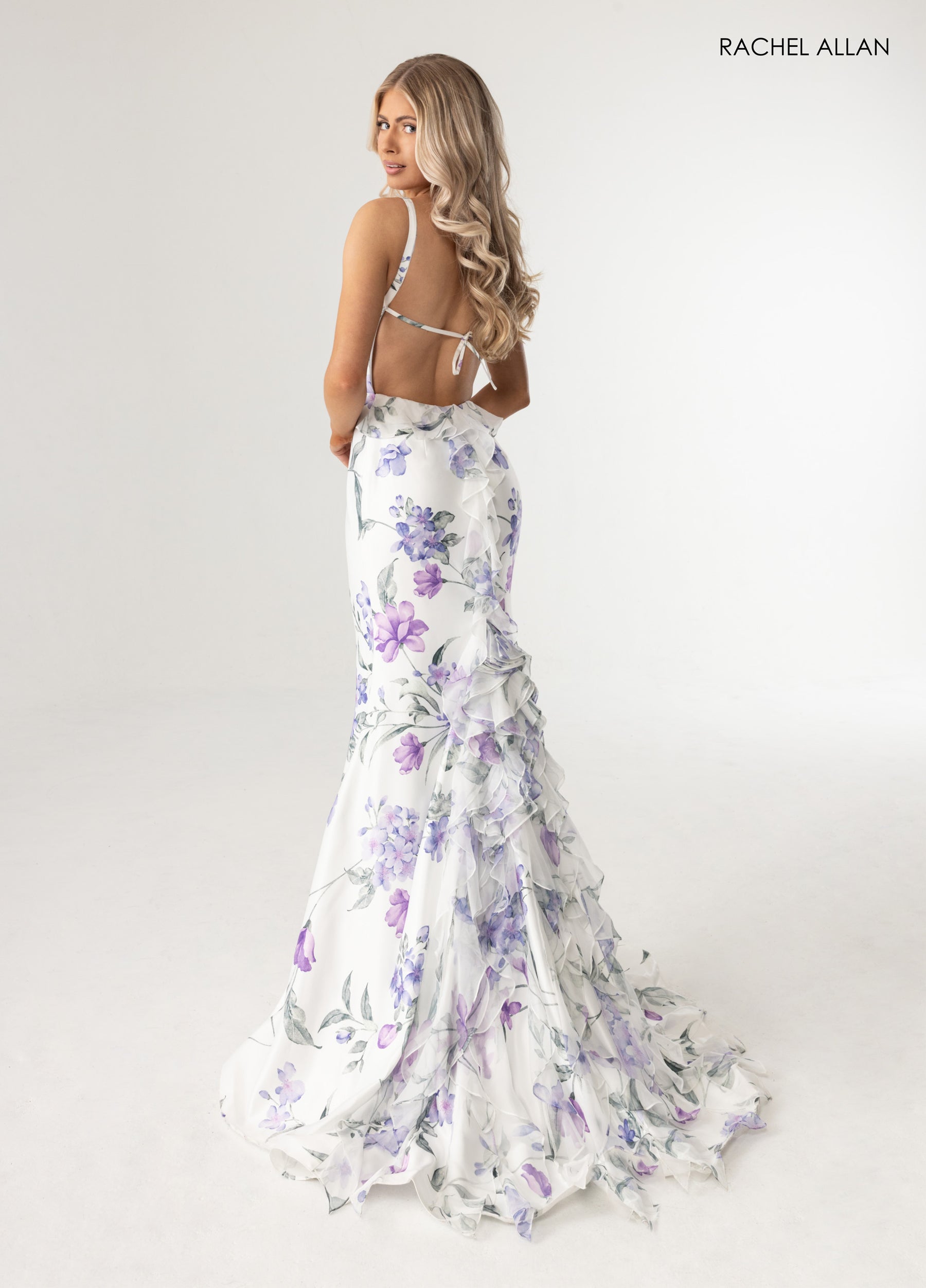 Prom Dresses Long Floral Print Ruffle Prom Dress White Multi