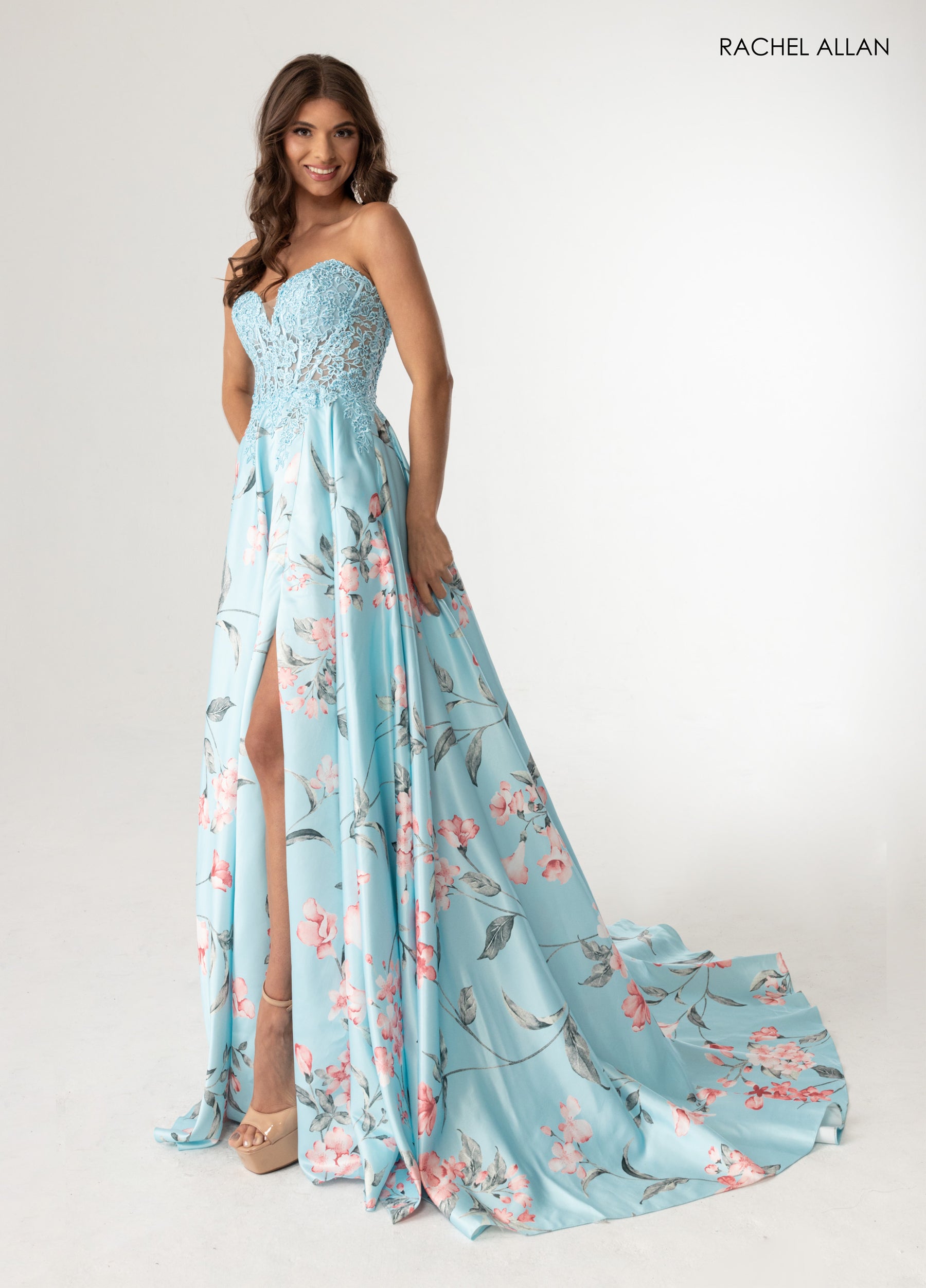 Prom Dresses Lace Applique Floral Print Prom Dress Sky Blue Multi