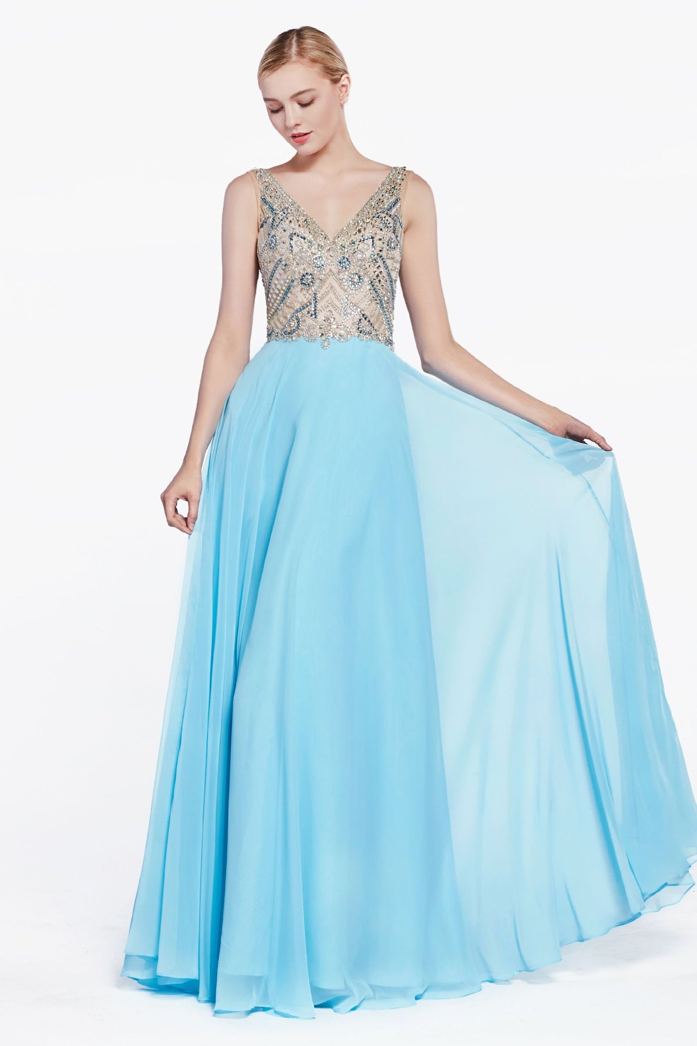 Prom Dresses long Fornal A line Beaded Prom Dress Sky Blue