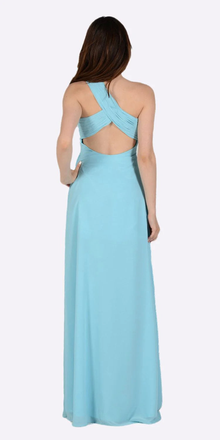 Aqua One-Shoulder Floor-Length Chiffon Formal Gown Pleated Bodice Poly USA 7140
