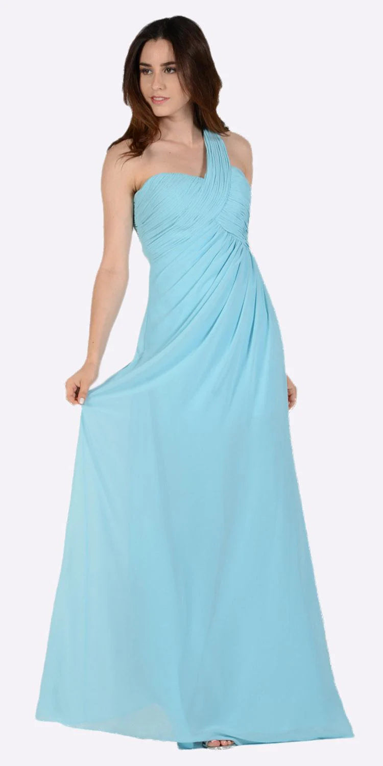 Aqua One-Shoulder Floor-Length Chiffon Formal Gown Pleated Bodice Poly USA 7140