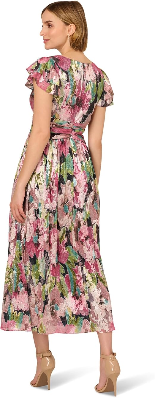 Navy Pink Multi Adrianna Papell AP1E212084 V-Neck Short Metallic Floral Cocktail Flutter Sleeves