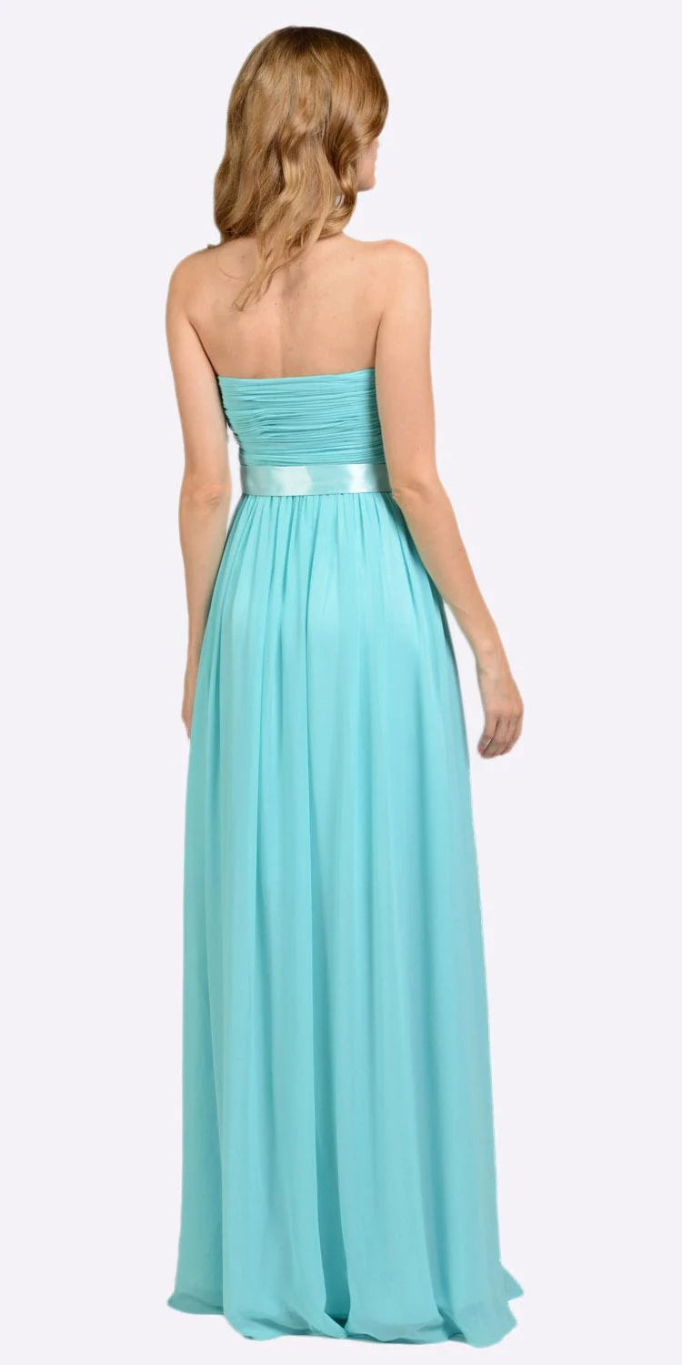 Aqua Deep Sweetheart Floor-Length Chiffon Prom Gown Satin Ribbon Waist Poly USA 7164