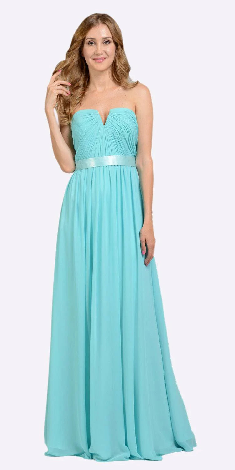Aqua Deep Sweetheart Floor-Length Chiffon Prom Gown Satin Ribbon Waist Poly USA 7164
