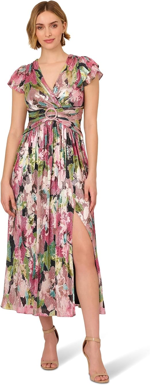 Navy Pink Multi Adrianna Papell AP1E212084 V-Neck Short Metallic Floral Cocktail Flutter Sleeves
