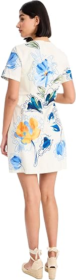 Ivory Blue Maggy London G6344M Crew Neck Mini Floral Cocktail Short Sleeve Dress