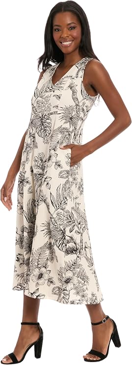 London Times T8197M V-Neck Midi Linen Cocktail Dress Sleeveless