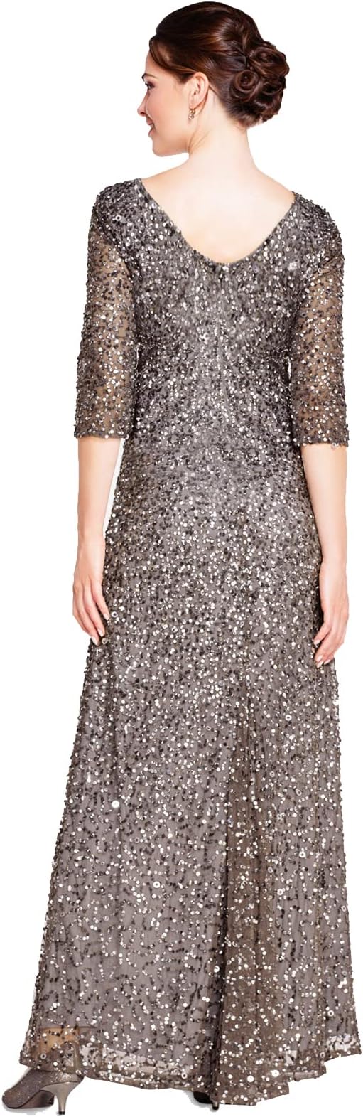 Scoop Neck Floor-Length Sequined Evening Gown with Quarter-Length Sleeves Formal Dress Adrianna Papell 091919970