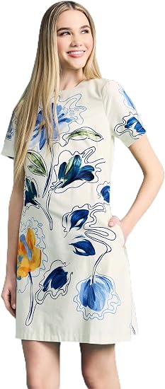 Ivory Blue Maggy London G6344M Crew Neck Mini Floral Cocktail Short Sleeve Dress