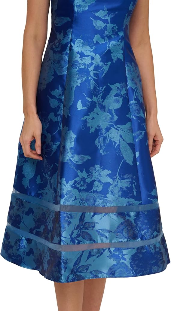 Blue Multi Adrianna Papell AP1E211980W Bateau Short Jacquard Cocktail Dress