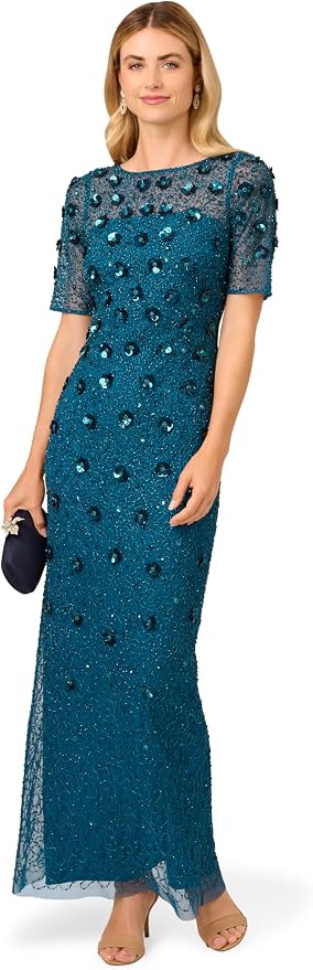 Adrianna Papell AP1E209314 Crew Neck Long Mesh Beaded Applique Formal Dress