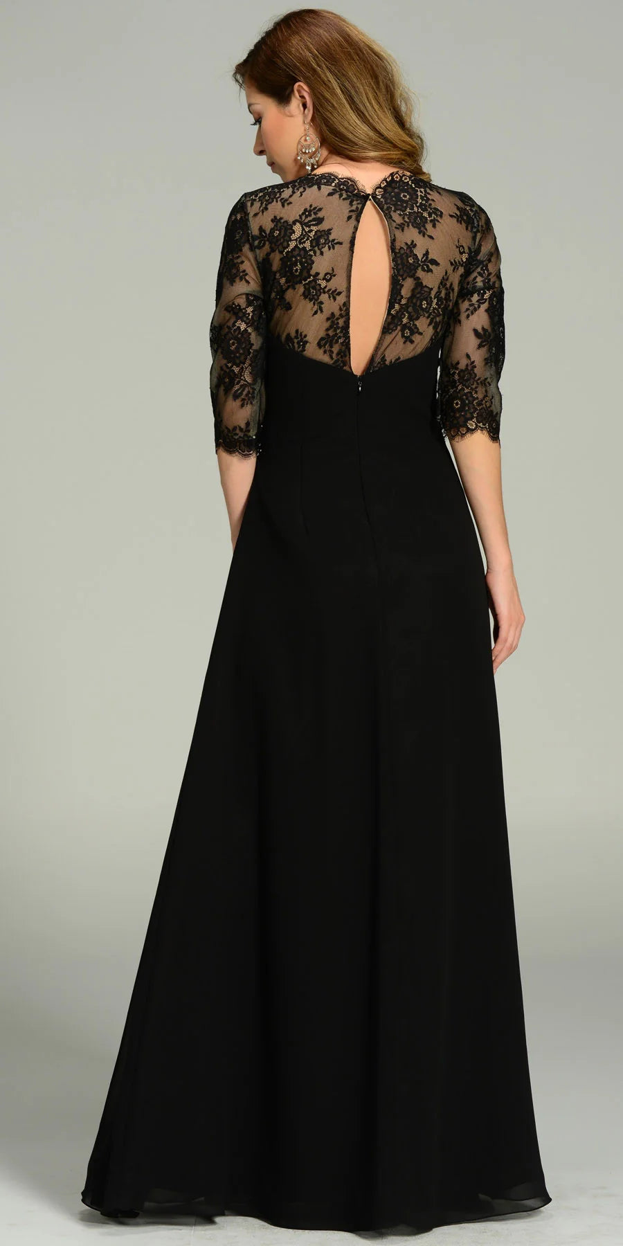 Black Illusion V-Neck Floor-Length Chiffon Formal Gown with Lace Sleeves Poly USA 7210