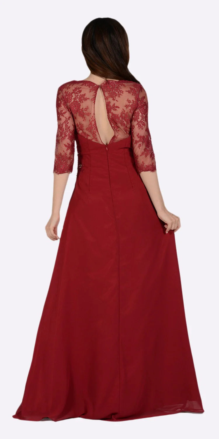 Burgundy Illusion V-Neck Floor-Length Chiffon Formal Gown with Lace Sleeves Poly USA 7210