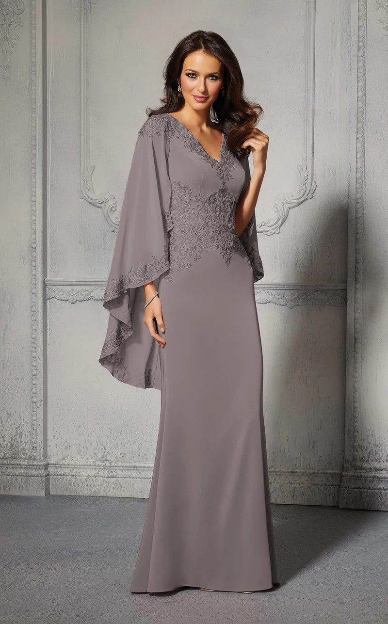 Mother of the Bride Dresses Beaded Long Formal Capelet Evening Dress Charcoal