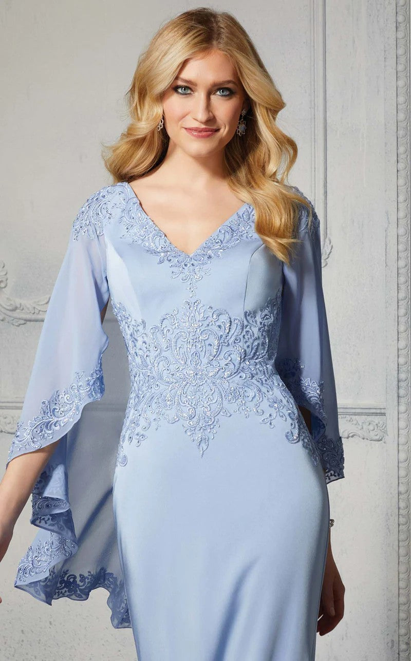 Mother of the Bride Dresses Beaded Long Formal Capelet Evening Dress Sky