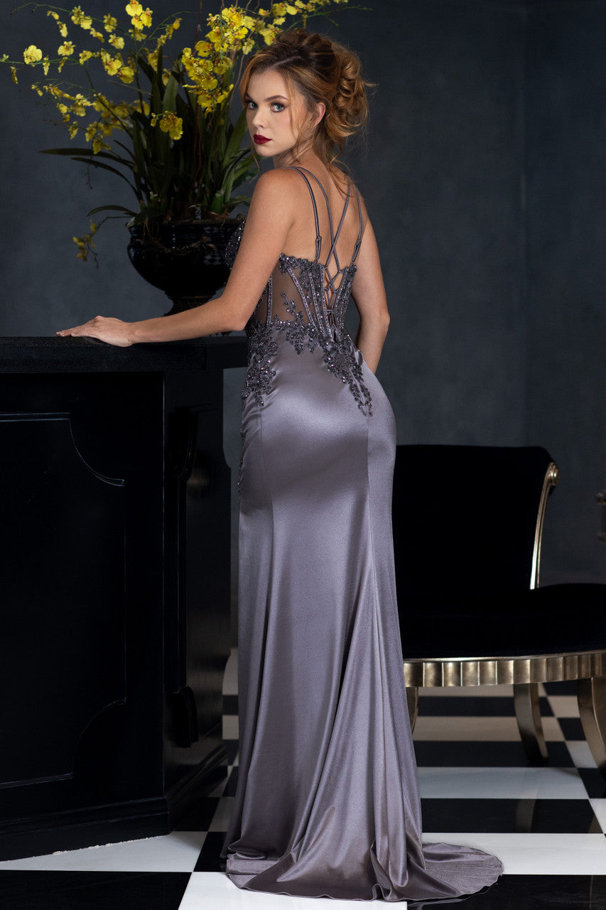 Sweetheart Long Satin Prom Dress by Lenovia 8481 in Charcoal
