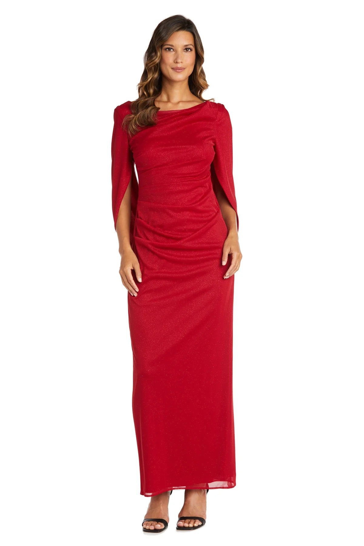 Red R&M Richards 7424P Long Formal Glitter Chiffon Petite Dress