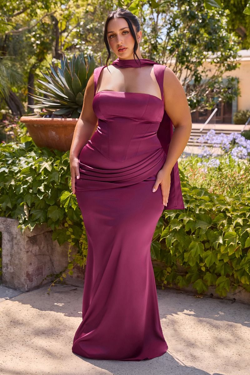 Mulberry Square Neck Floor-Length Satin Prom Two-Piece Gown LaDivine 7437