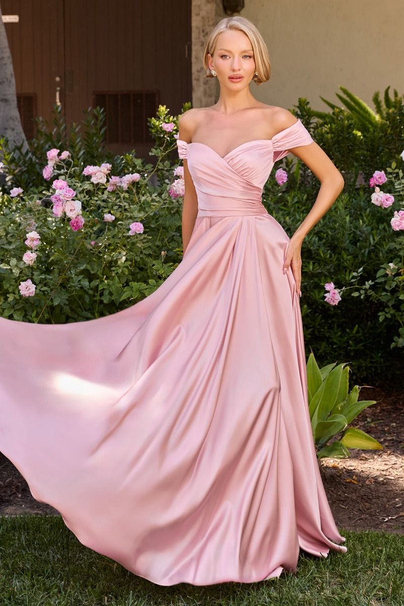 Off-the-Shoulder Floor-Length Satin Evening A-Line LaDivine 7493