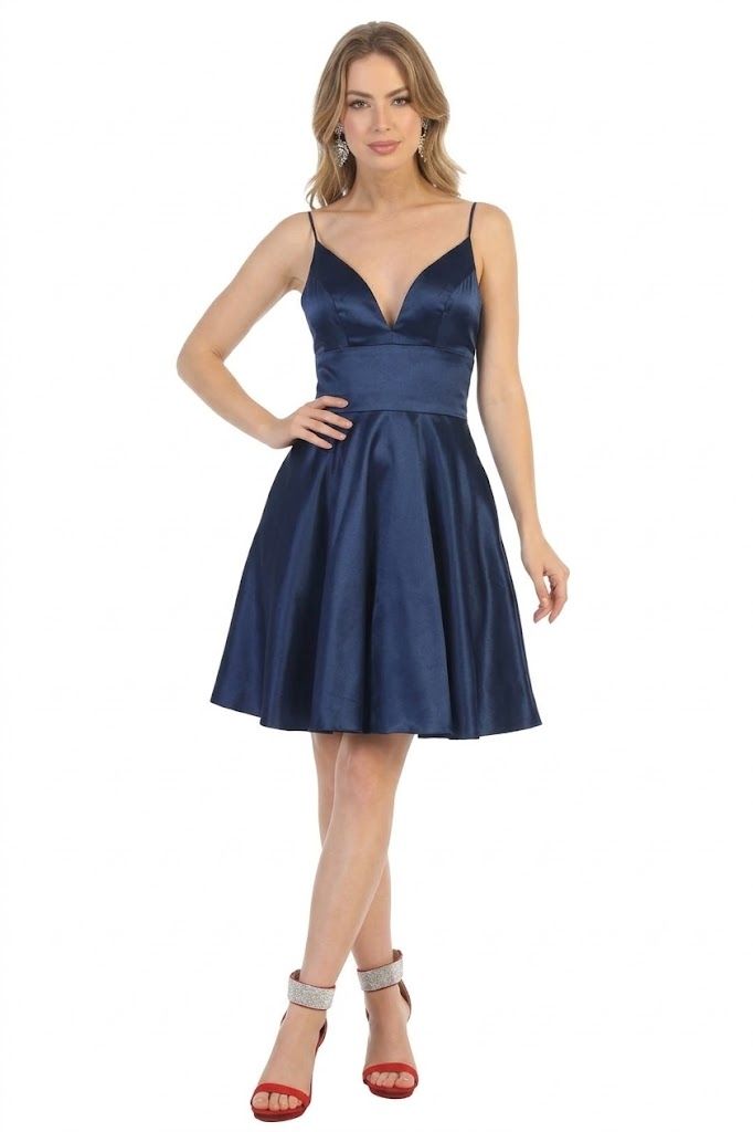 Navy V-Neck Short Satin Homecoming Dress Open Back May Queen MQ1770