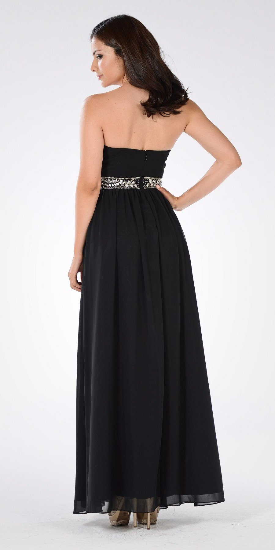Black Strapless Floor-Length Chiffon Formal Gown Embellished Waist Poly USA 7698