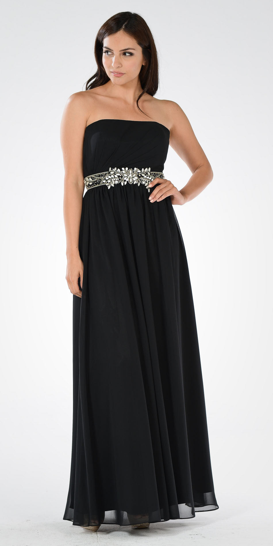 Black Strapless Floor-Length Chiffon Formal Gown Embellished Waist Poly USA 7698