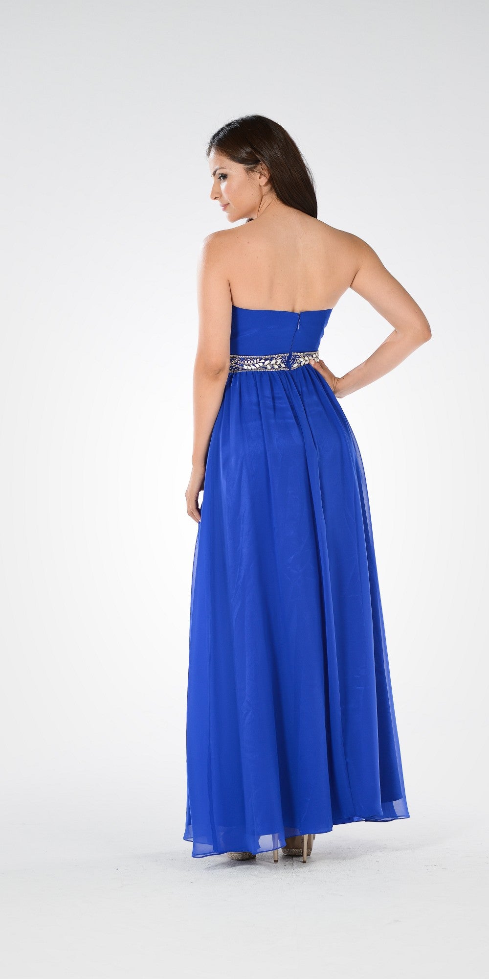 Royal Strapless Floor-Length Chiffon Formal Gown Embellished Waist Poly USA 7698