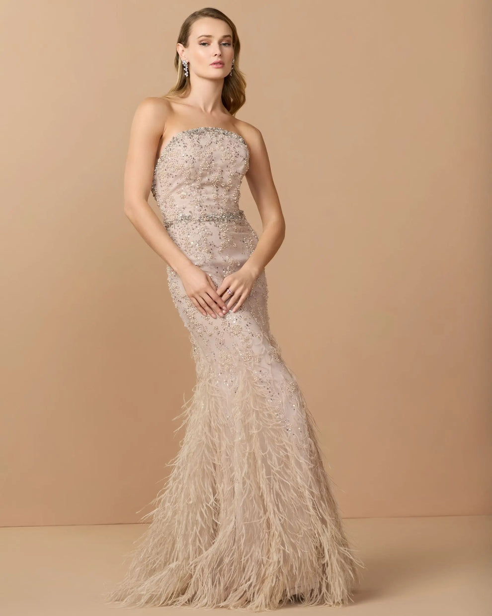 Strapless Beaded Feather Gown by Mac Duggal 77103 in Champagne